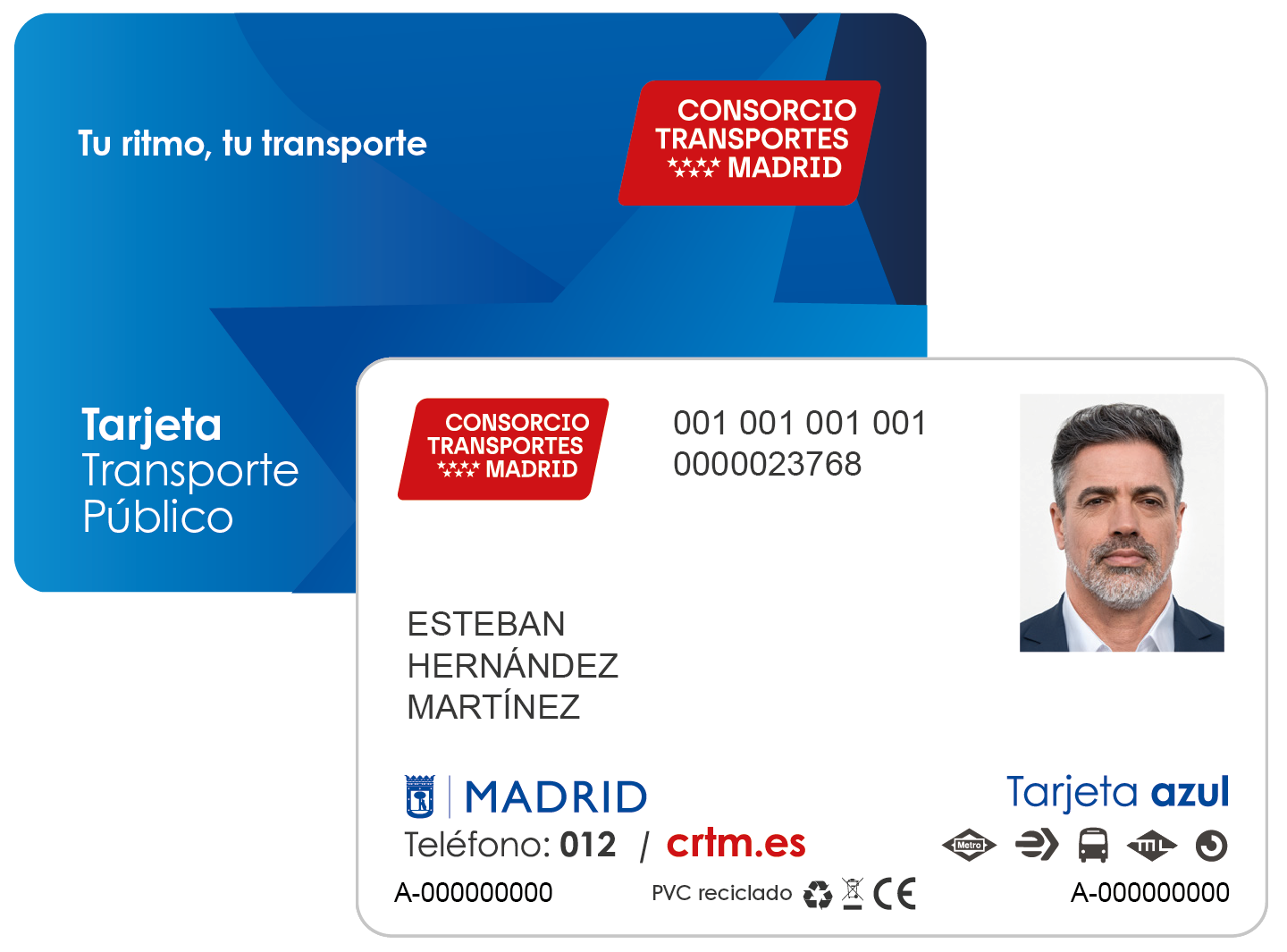 Imagen de la  Tarjeta Transporte Público, "Tarjeta Azul", por ambas caras