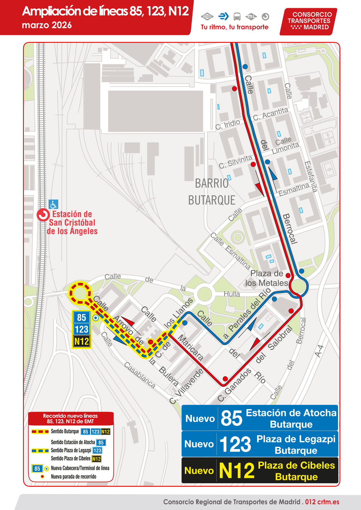 Plano con el nuevo recorrido de las líneas 85, 123 y N12