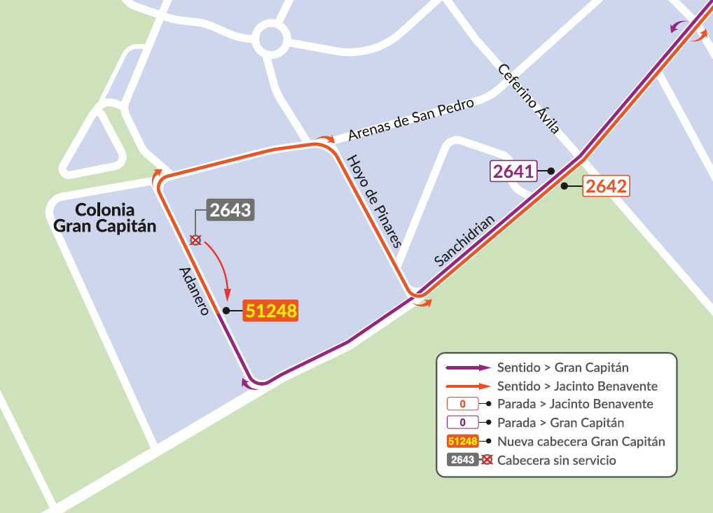 Plano con indicación de paradas en cabecera de línea 65