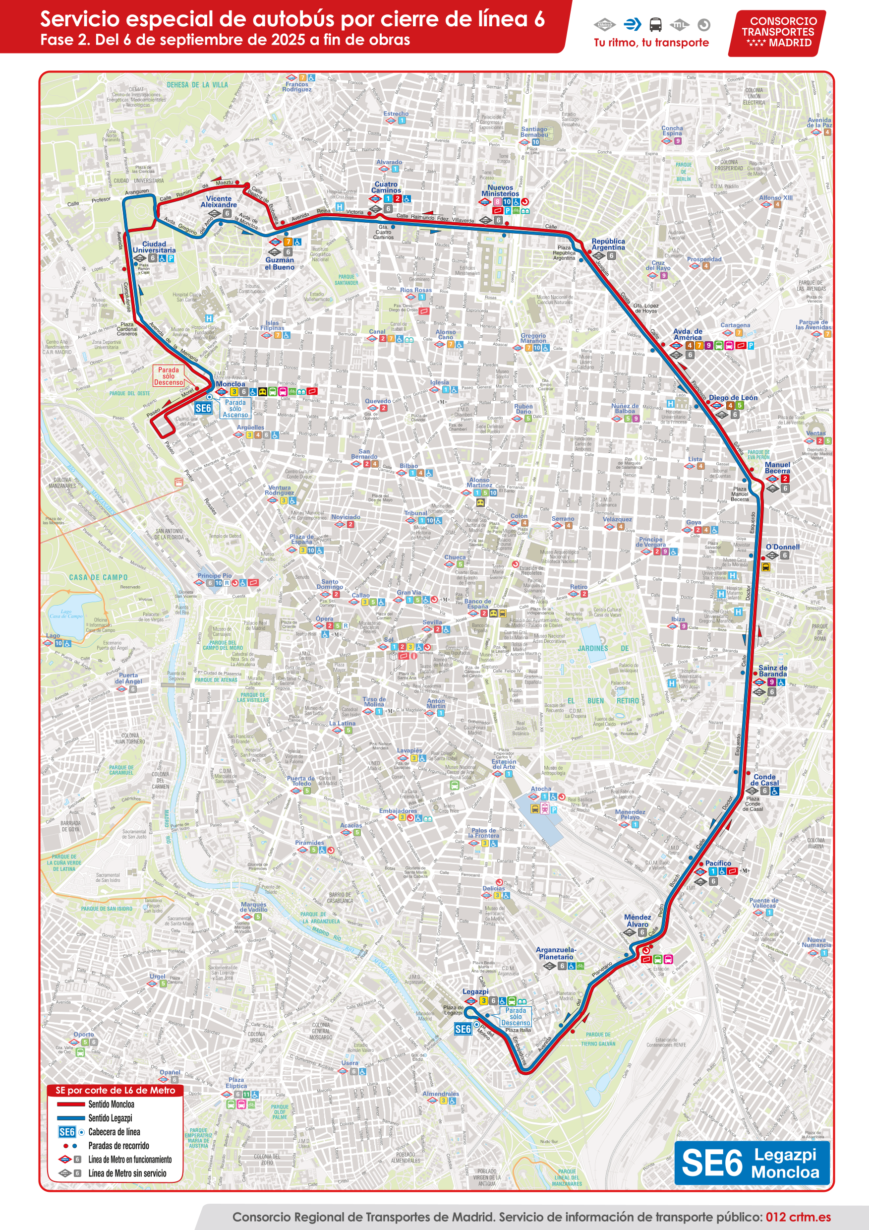 Plano con el itinerario del SE6 Legazpi Moncloa